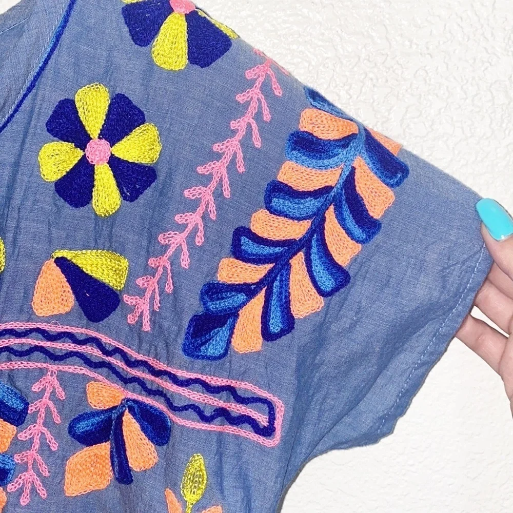 Lulalife Cotton Blue Colorful Embroidered Mini Short Sleeve Summer Dress - Picture 4 of 11